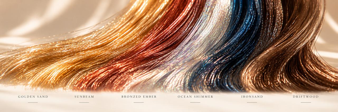 LUMILOX strands in Golden Sand, Sunbeam, Bronzed Ember, Ocean Shimmer, Ironsand and Driftwood