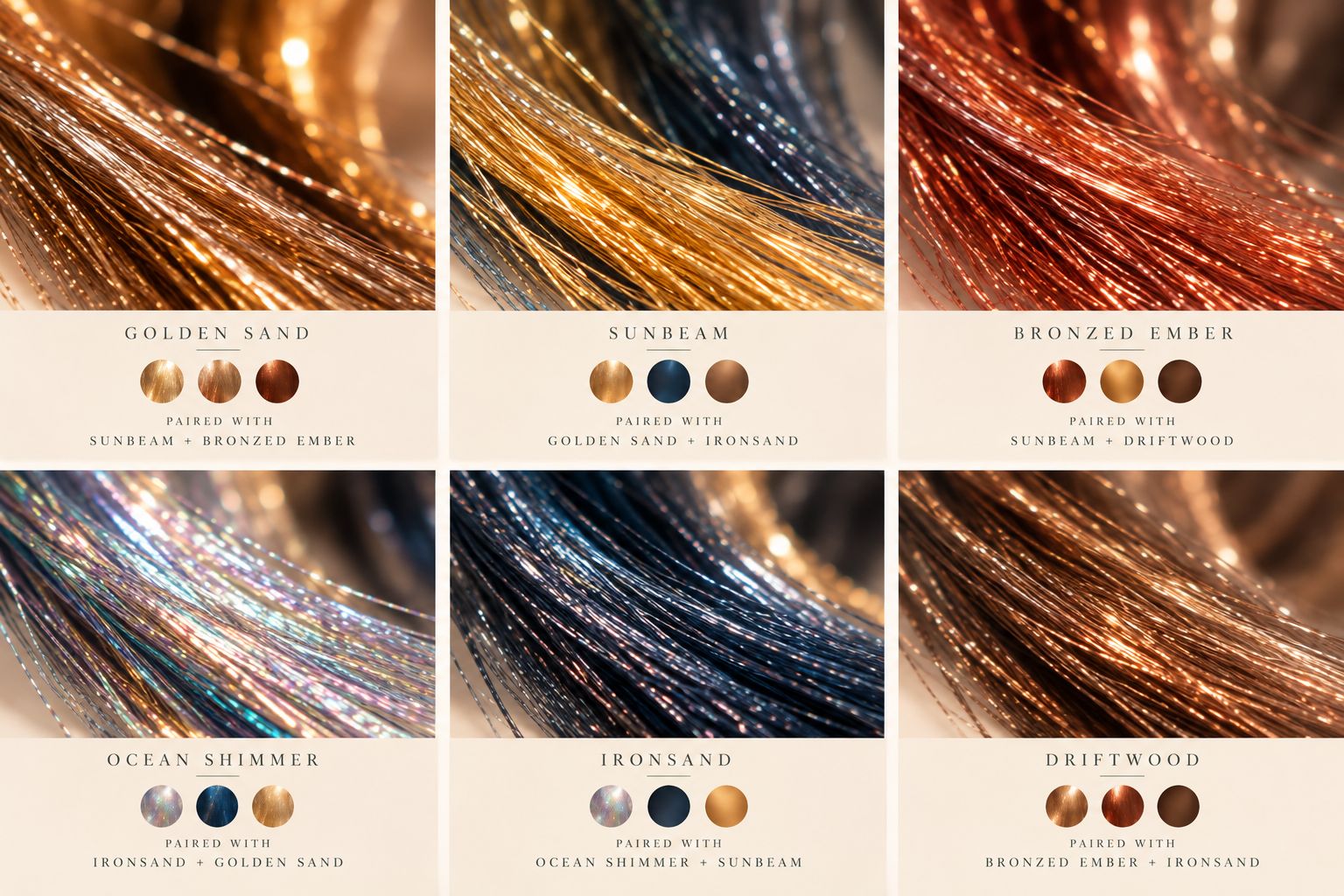 The six LUMILOX elemental colours — Golden Sand, Sunbeam, Bronzed Ember, Ocean Shimmer, Ironsand and Driftwood — each shown as a close-up strand swatch with its recommended pairings